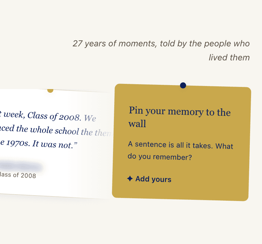 The Memory Wall: memory cards pinned in a row, with a gold card inviting you to pin yours.